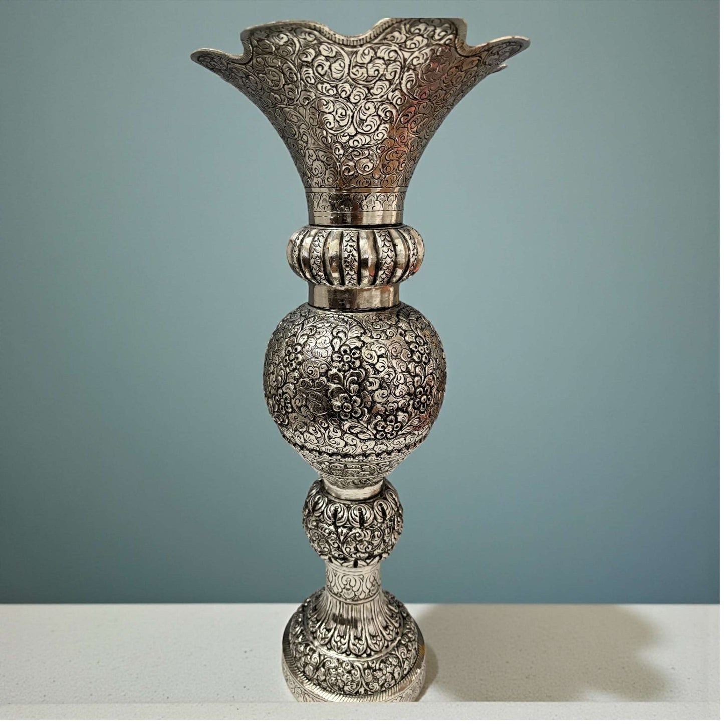 Top view of the antique silver floral vase showing the 9-inch wide rim and smooth interior finish, perfect for large floral arrangements.