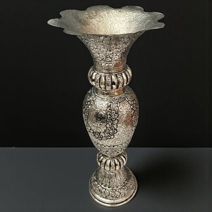 Side view of the Heritage Manor silver-plated brass vase showcasing its elegant silhouette and antique finish for grand entryway decor.