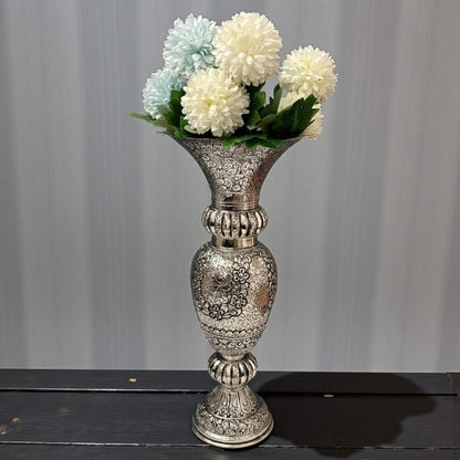 Full-length view of the Heritage Manor antique silver vase, a statement piece for American Manor and traditional Indian home styling.