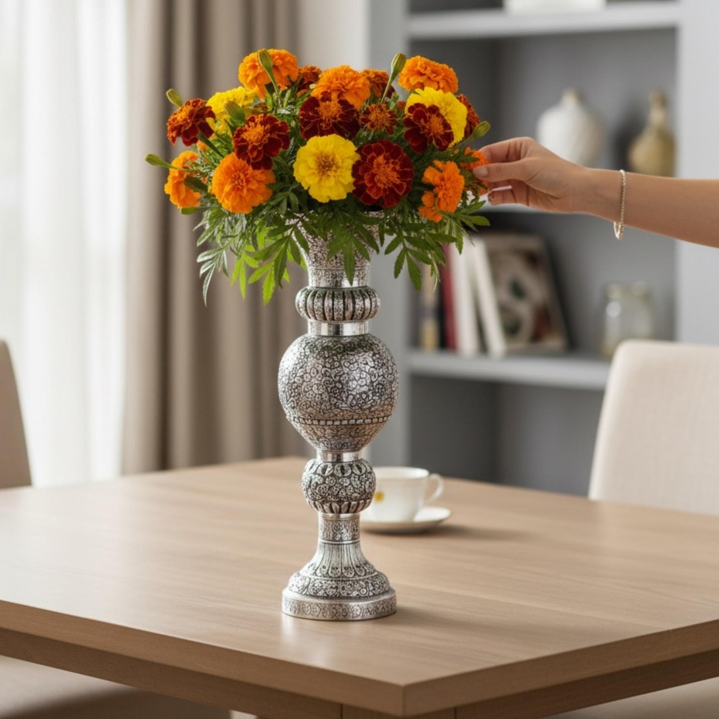 21-inch Tall Antique Silver Floral Motif Brass Vase with intricate engravings, handcrafted luxury centerpiece for home decor