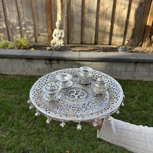 Person holding a silver pooja thali set with intricate designs outdoors