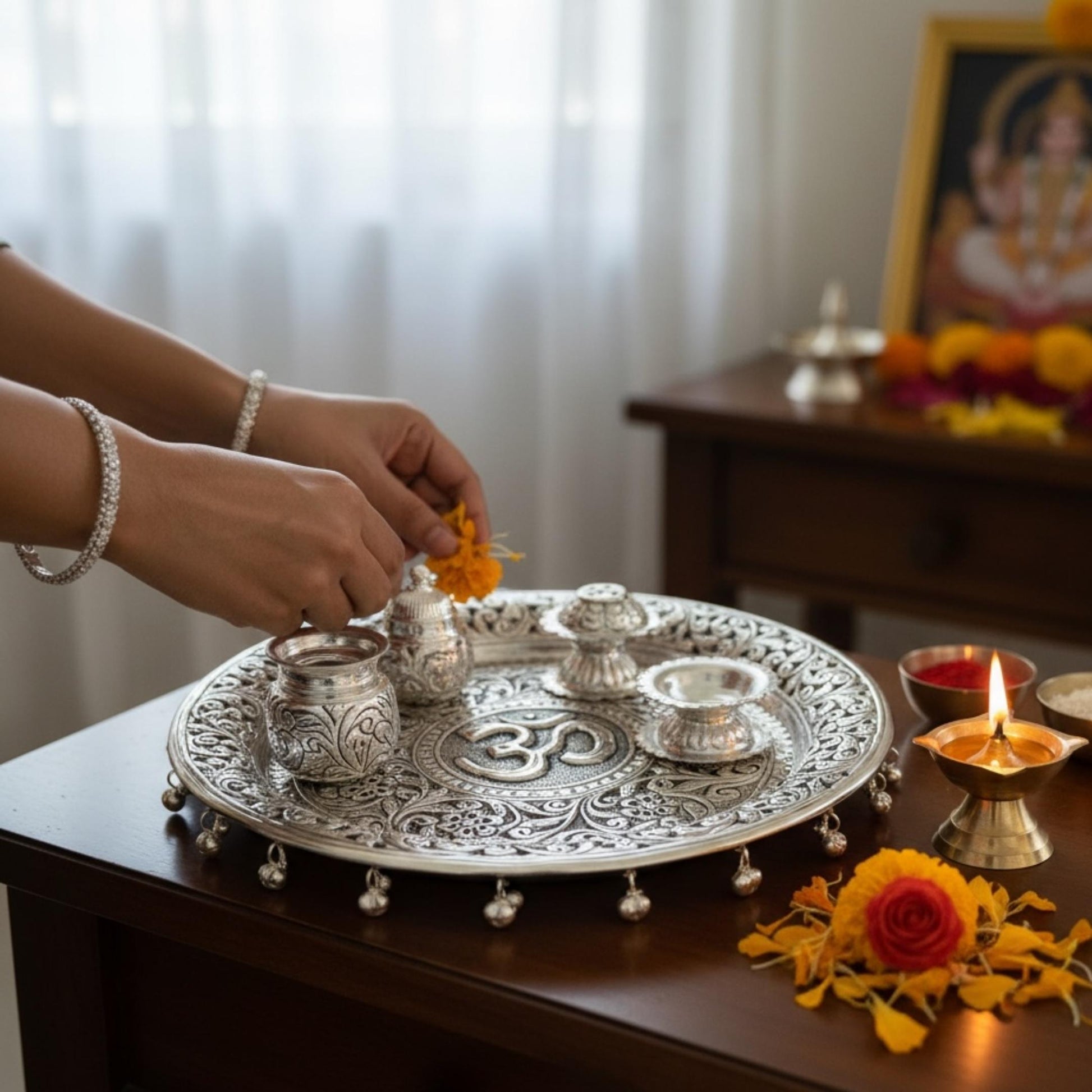 11-Inches German Silver Pooja Thali Set - Mandir room setup