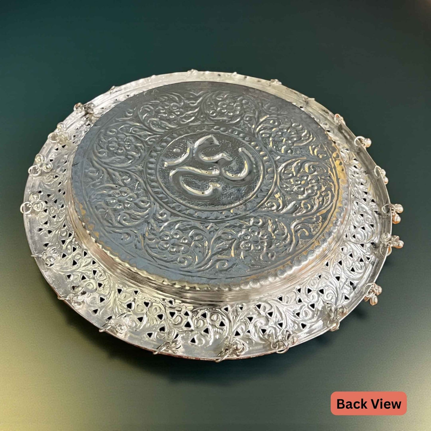 Back view of 11-Inches German Silver Pooja Thali Set - Urli Utsav