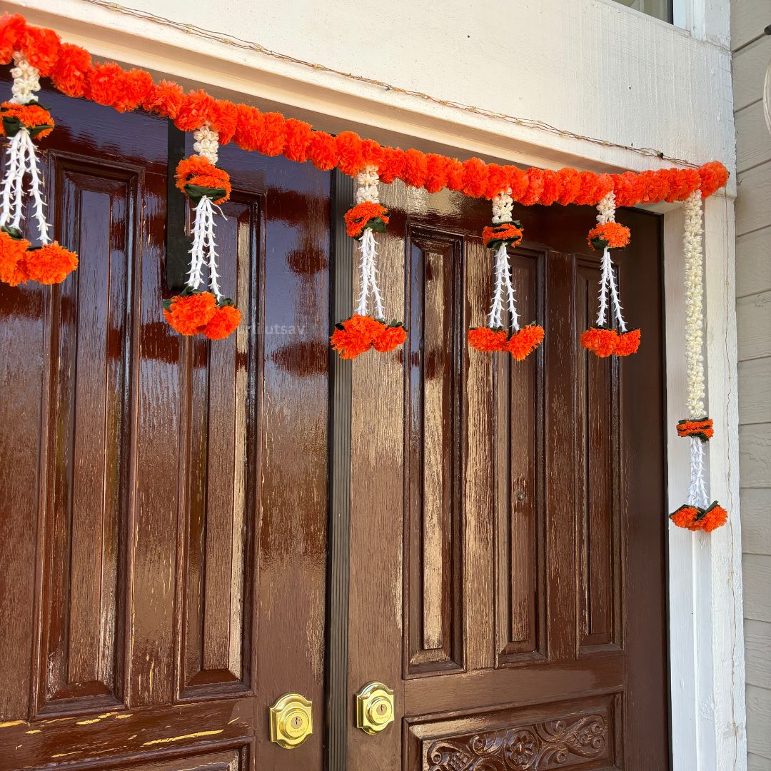 Marigold mogra leaf bandhanwar toran 60-inch 5FT flat lay showing full length – Urli Utsav decor
