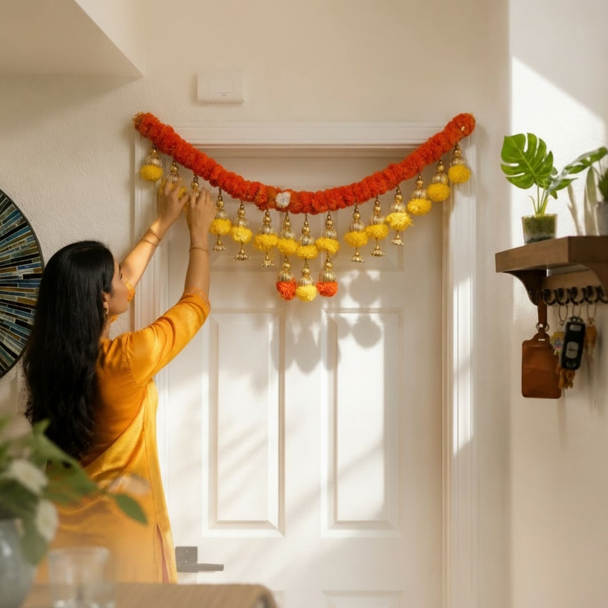 Woman hanging Kesar marigold toran bandhanwar with gold bells on home entrance door