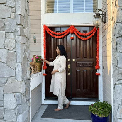 Handmade marigold beaded ball toran hung on front door – Indian housewarming Diwali decoration