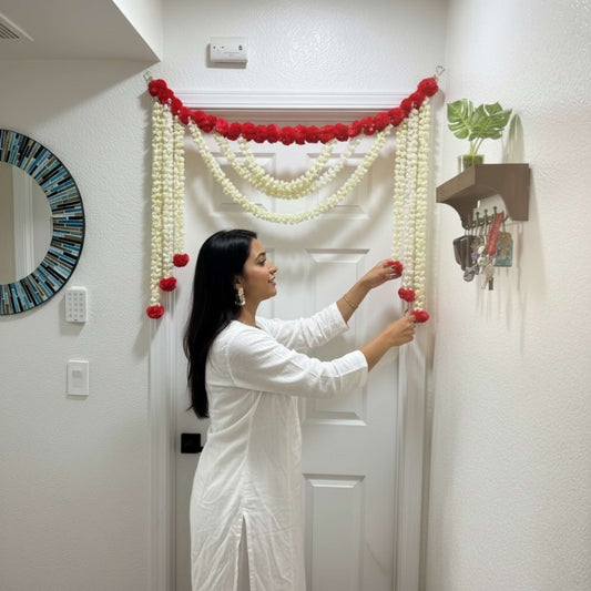 Vibrant handcrafted marigold and mogra toran bandhanwar door decoration for Indian festive decor USA