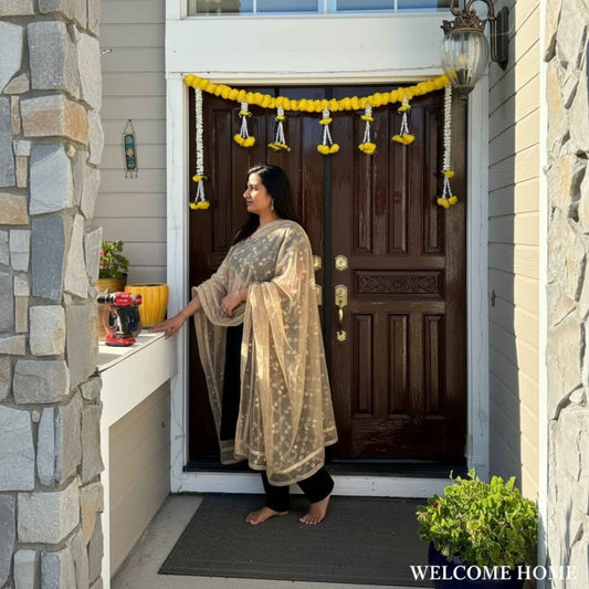 Traditional Indian marigold mogra leaf toran bandhanwar handcrafted door hanging – orange yellow red