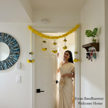 Yellow marigold and mogra leaf toran bandhanwar – traditional Indian door hanging for Diwali USA