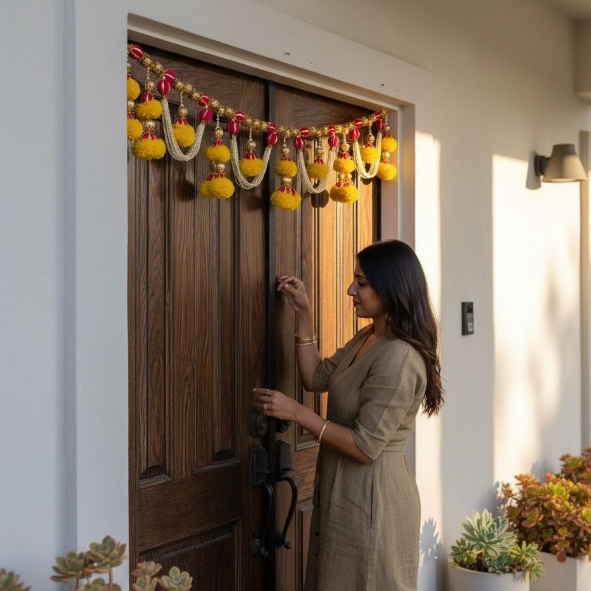 Woman hanging pearl marigold toran bandhanwar on front door — easy-install Indian door garland for Diwali and housewarming
