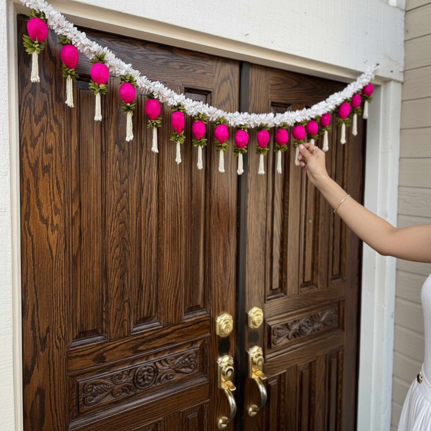 Jasmine & Pink Bud Toran on a front door – easy-to-hang Indian festive door decoration, available in 3FT and 5FT sizes