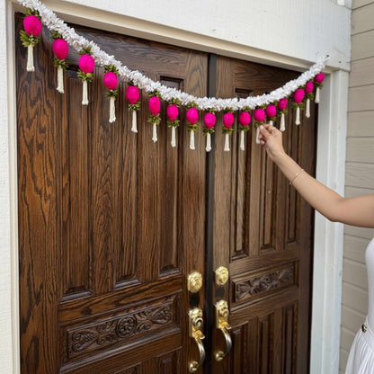 Jasmine & Pink Bud Toran on a front door – easy-to-hang Indian festive door decoration, available in 3FT and 5FT sizes