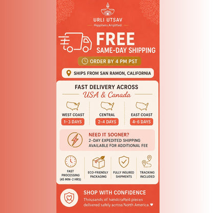 Urli Utsav graphic detailing free same-day shipping and delivery times across the USA and Canada.
