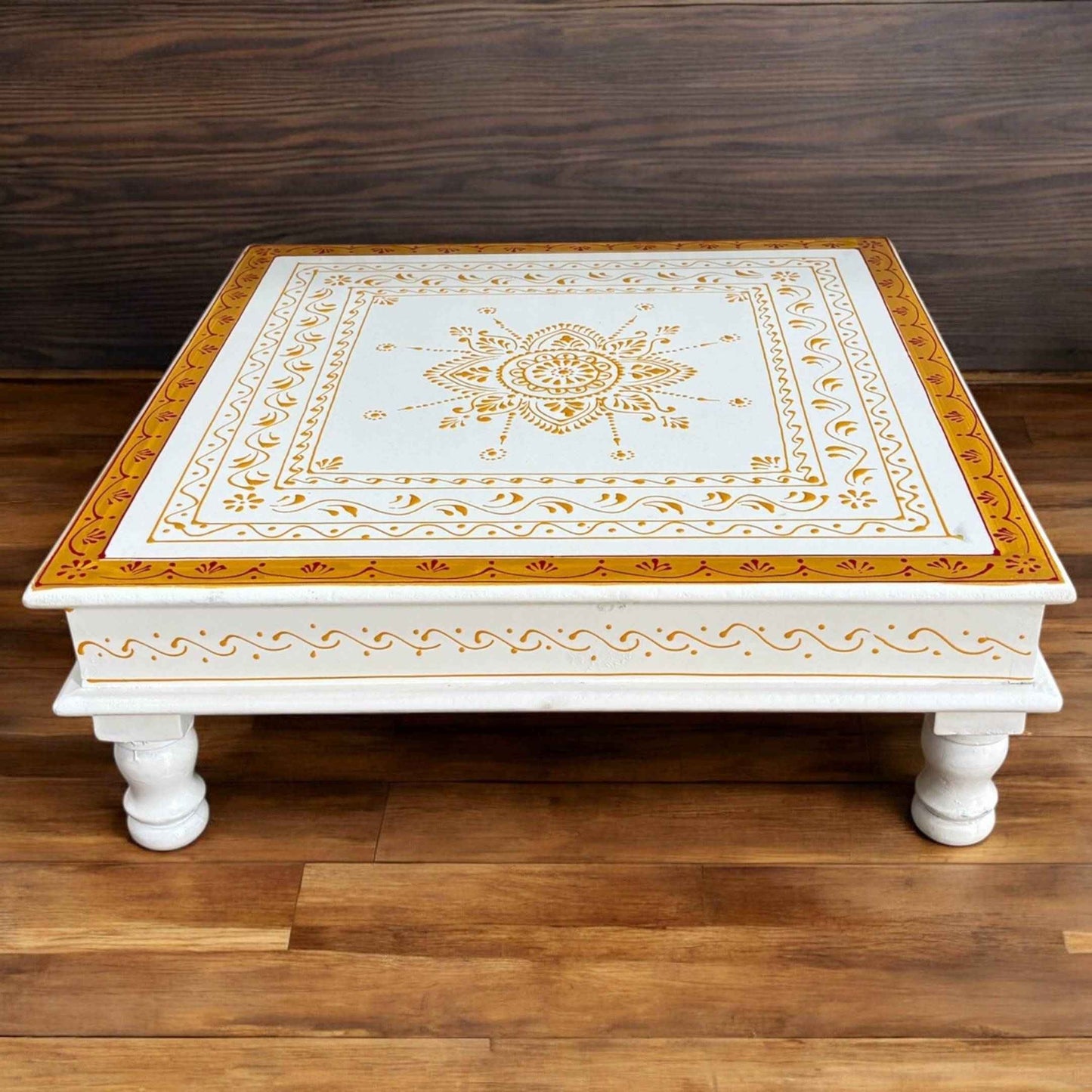 Elegant Wooden White Pooja Chowki, 18 Inches Gold Bajot – Perfect for traditional rituals and home decor.