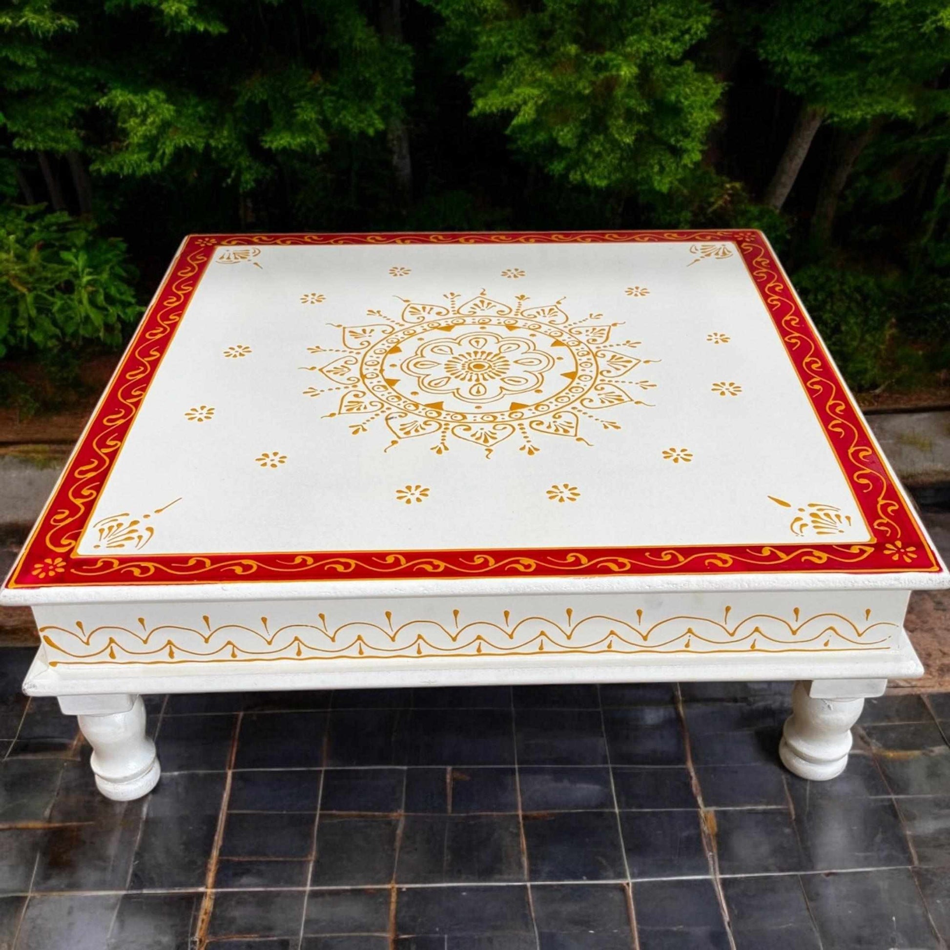 Elegant Wooden White Red Pooja Chowki, 18 Inches Gold Bajot – Perfect for traditional rituals and home decor.
