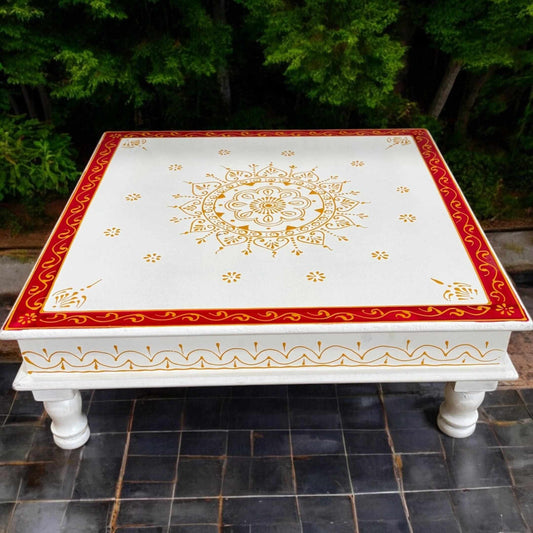 Elegant Wooden White Red Pooja Chowki, 18 Inches Gold Bajot – Perfect for traditional rituals and home decor.