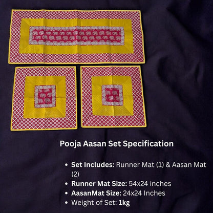 Set of Pooja Aasan mats with specifications on a dark fabric background