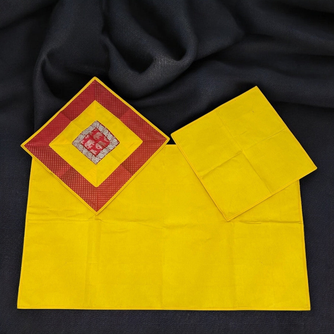 Back/edge detail of Banarasi brocade pooja aasan — stitched backing and finished edges, easy care