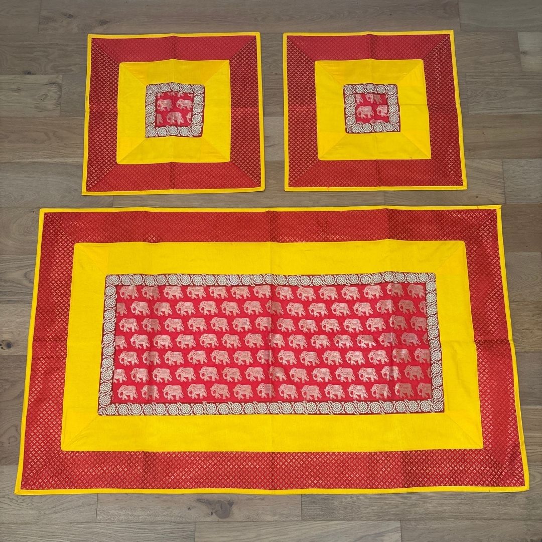 Yellow Elephant Banarasi brocade pooja aasan set — elephant motif runner 54x36 & two 24x24 mats for Diwali