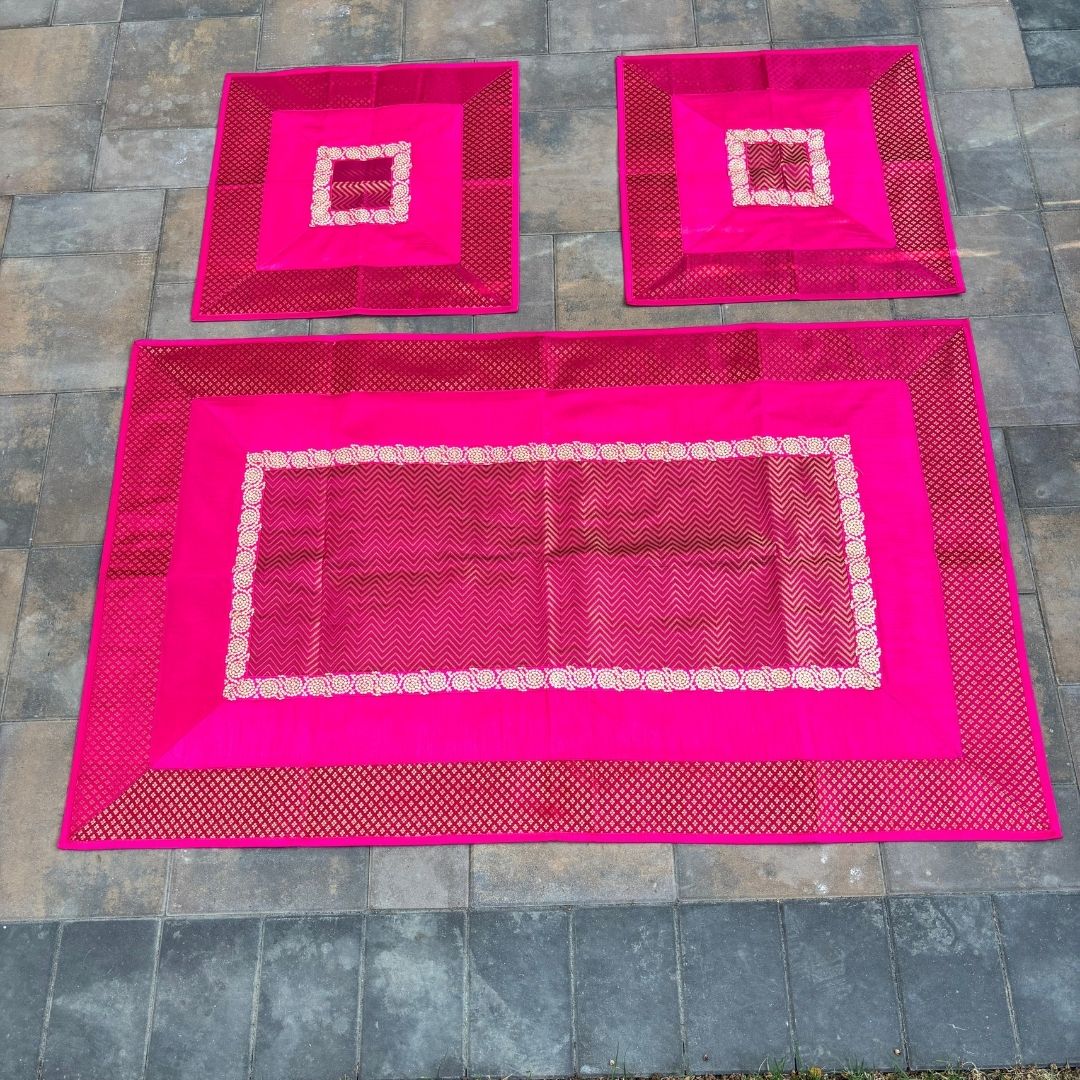Pink Zigzag Banarasi brocade pooja aasan set on stone — silk brocade runner 54x36 and two 24x24 prayer mats, Diwali altar décor by Urli Utsav Decor