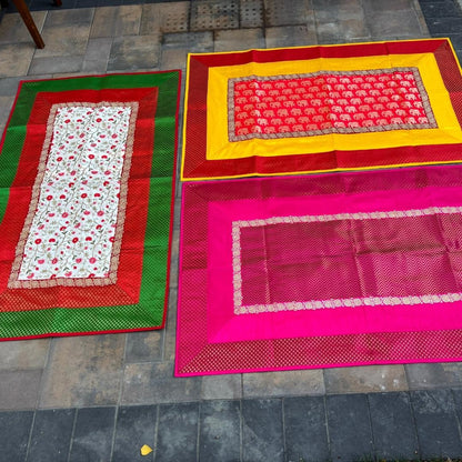 Banarasi brocade pooja aasan set — 3 design choices (Green Floral, Pink Zigzag, Yellow Elephant) runner + mats by Urli Utsav Decor