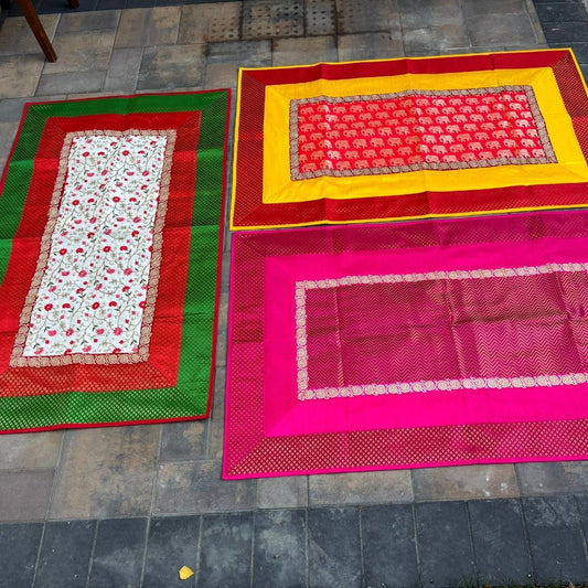Banarasi brocade pooja aasan set — 3 design choices (Green Floral, Pink Zigzag, Yellow Elephant) runner + mats by Urli Utsav Decor