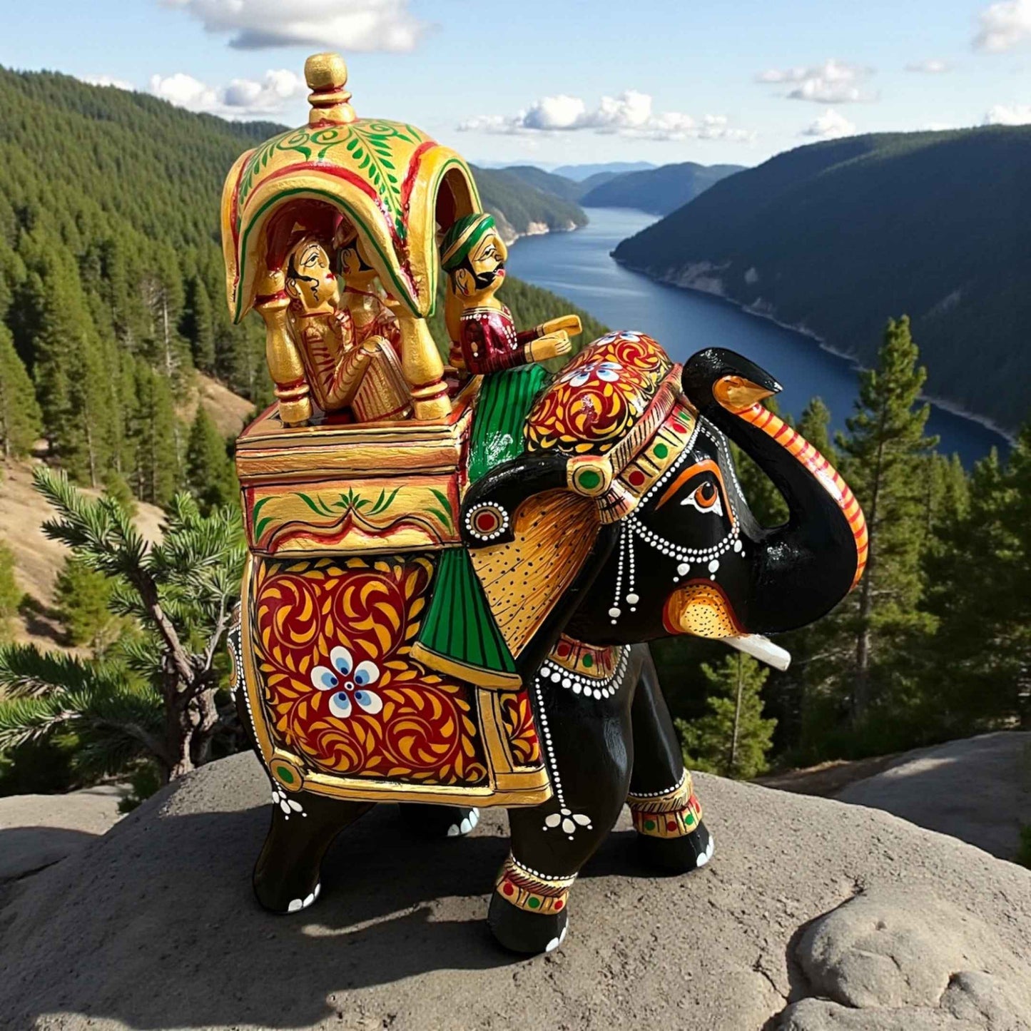 Artistic lifestyle image featuring Walking Ambabari Elephant statue with carved colorful howdah passengers set against scenic mountain background.