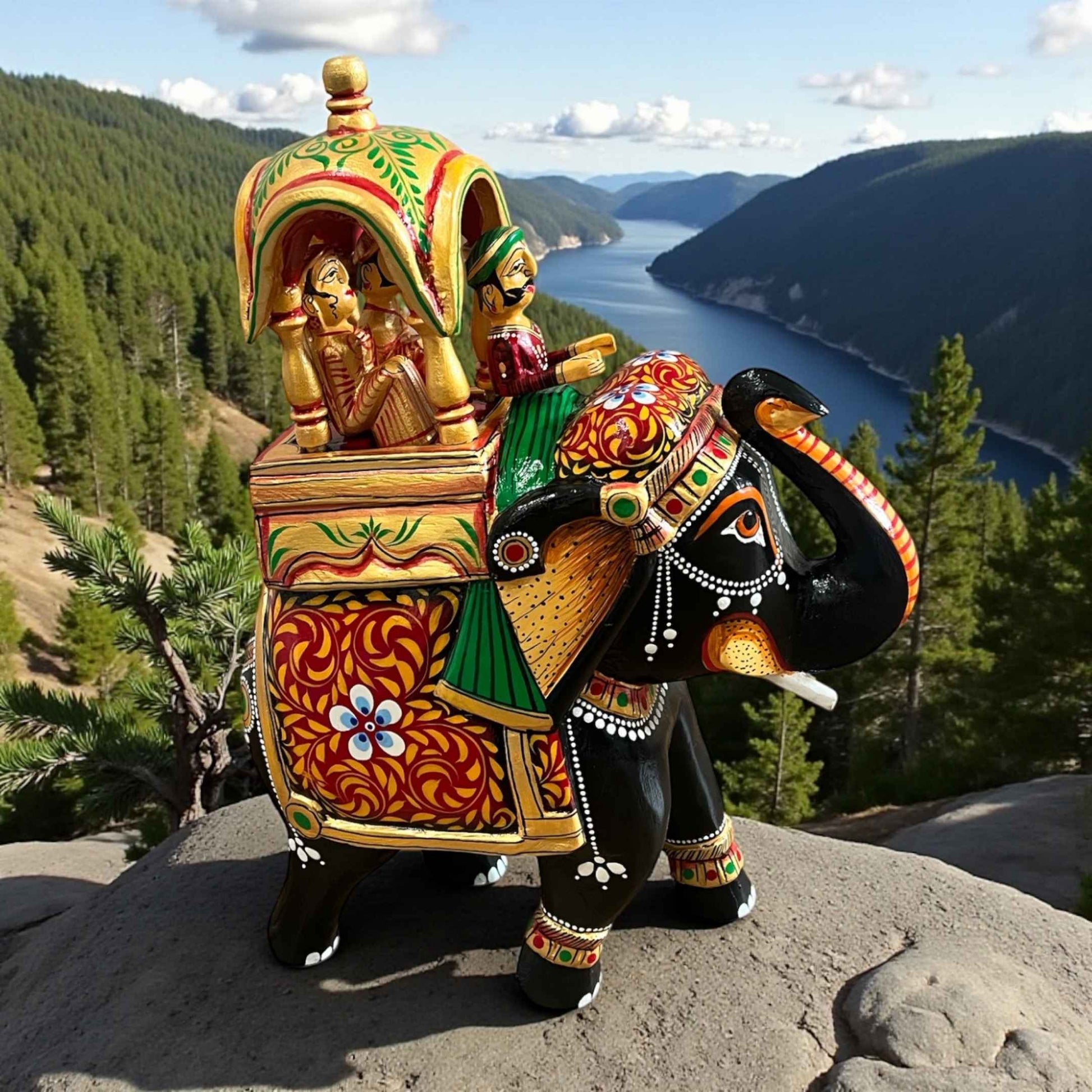 Artistic lifestyle image featuring Walking Ambabari Elephant statue with carved colorful howdah passengers set against scenic mountain background.
