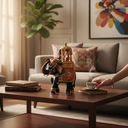 Handcrafted Walking Ambabari Elephant statue on coffee table styled in relaxing living space, showing scale and décor integration.