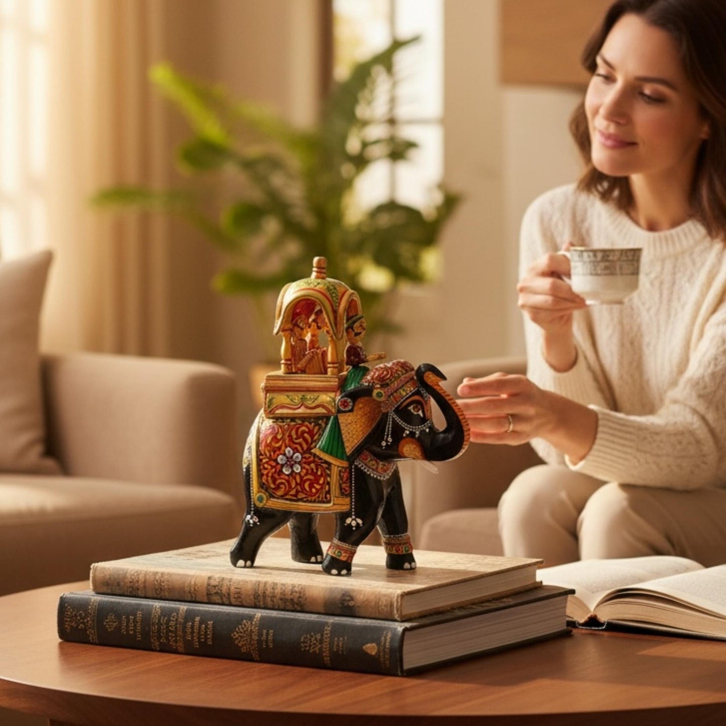 Living room scene featuring the Walking Ambabari Elephant wooden statue styled as accent decor on a side table beside a seated figure and cup.