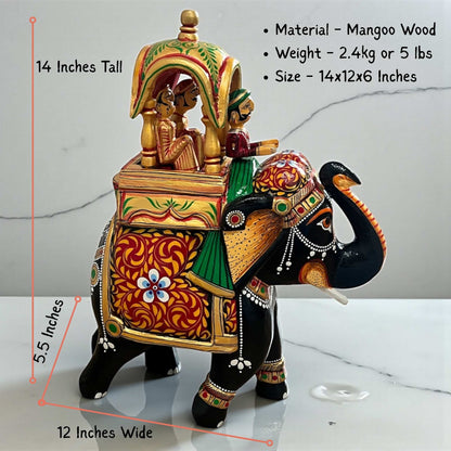 Studio shot of Walking Ambabari Elephant wooden statue with visible dimensions on white background, showing hand-carved detail and proportion.