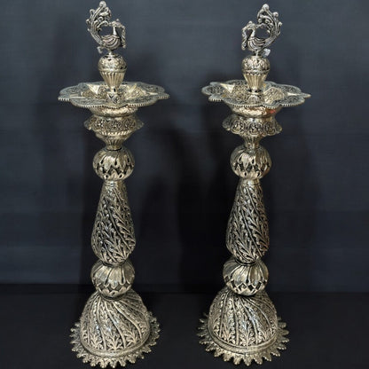 28-Inches Nilavilakku Oil Lamp with Peacock | Antique Silver