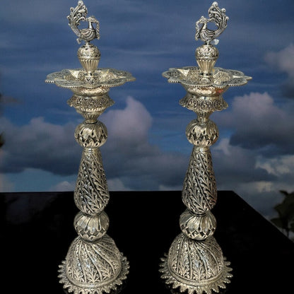 28-Inches Nilavilakku Oil Lamp with Peacock | Antique Silver