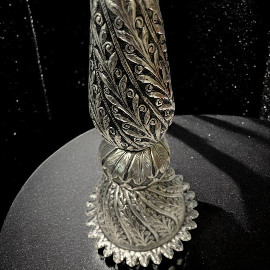 28-Inches Nilavilakku Oil Lamp with Peacock | Antique Silver