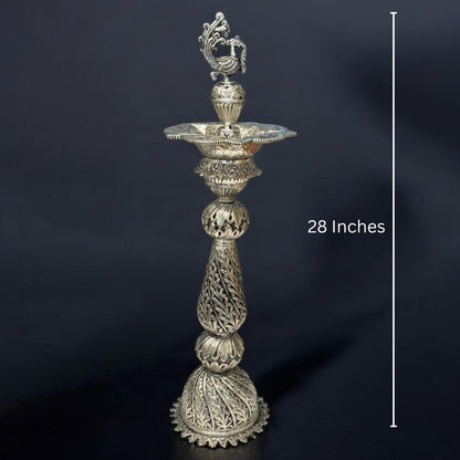 28-Inches Nilavilakku Oil Lamp with Peacock | Antique Silver