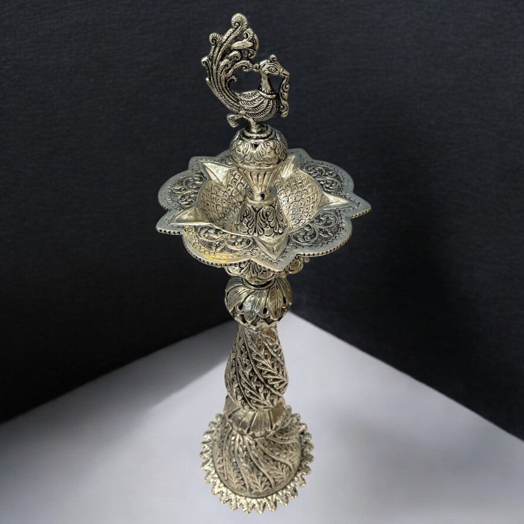 28-Inches Nilavilakku Oil Lamp with Peacock | Antique Silver