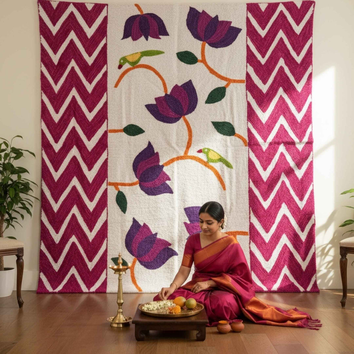Cream lotus backdrop with birds and magenta chevron panels draped with red and gold tassel garlands during a ritual