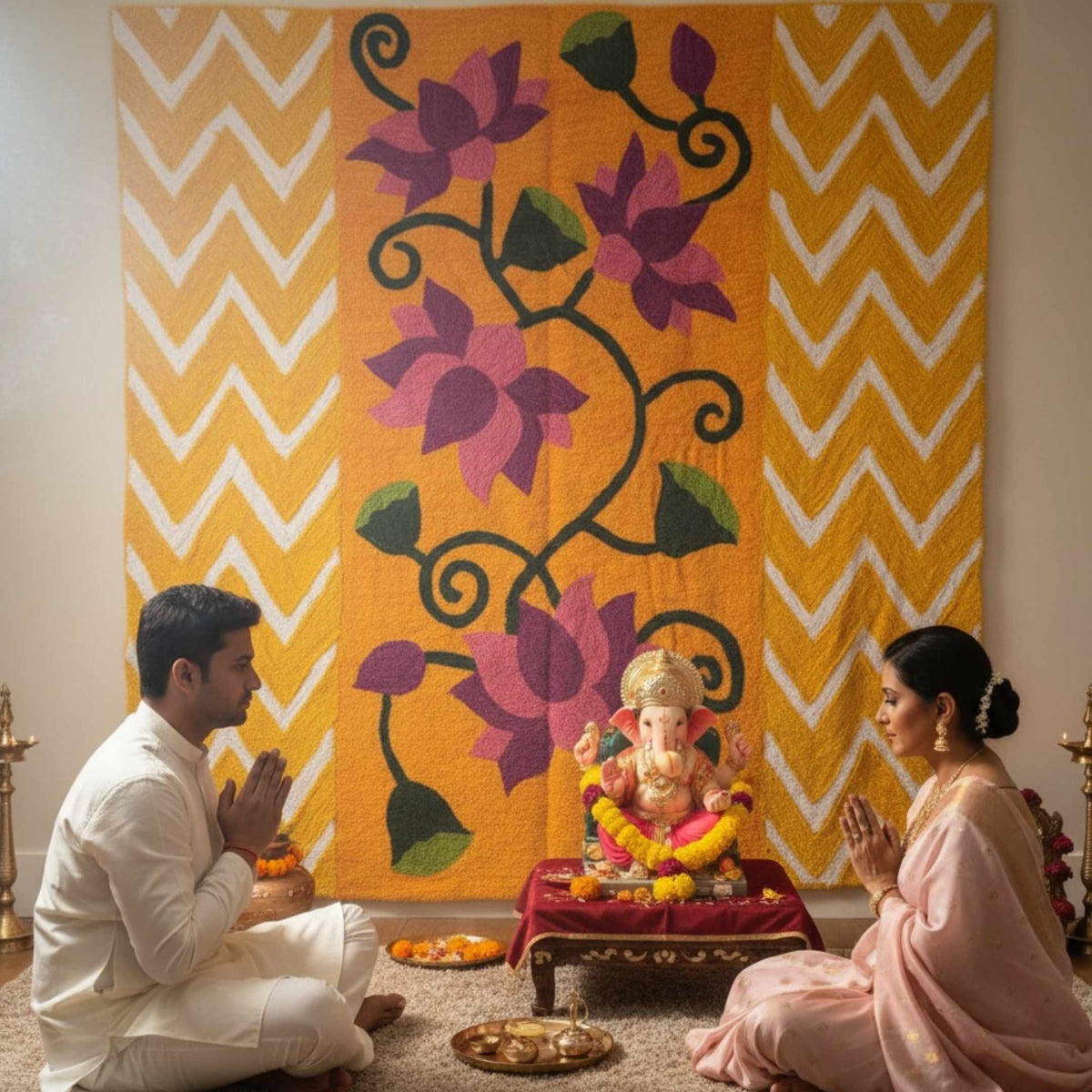 Orange and gold lotus backdrop with purple flowers used behind a couple performing Ganesh puja with an idol