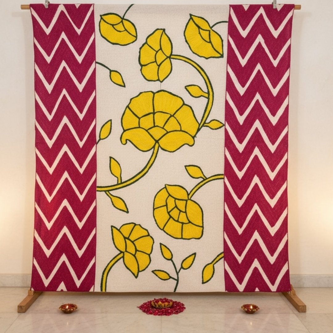 Indian party décor backdrop with vibrant lotus embroidery handcrafted from Flax Fur Yarn Wool
