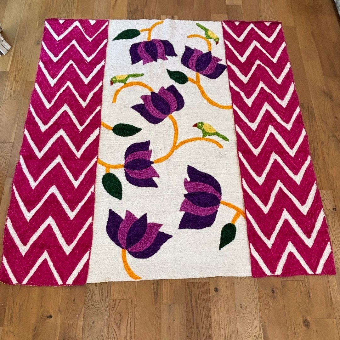 Traditional Pooja backdrop with multicolor lotus Suzani-style stitching on Flax Fur Yarn Wool for housewarming and festivals