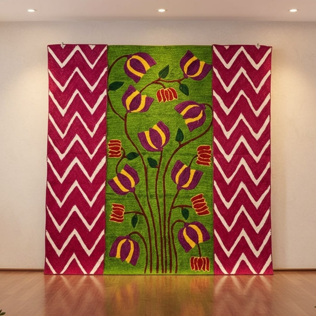 Photography backdrop for festive events featuring colorful lotus design on hand-made Flax Fur Yarn Wool