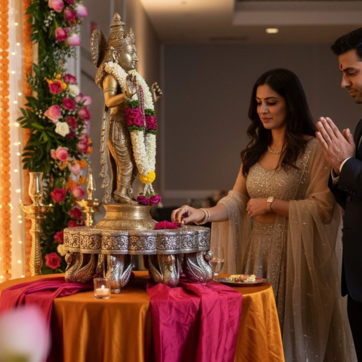 Woman performing a Hindu ritual using a large silver mandala bajot in a decorated pooja room.