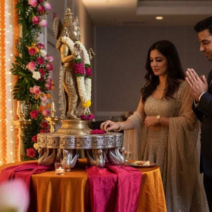 Woman performing a Hindu ritual using a large silver mandala bajot in a decorated pooja room.