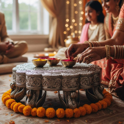 Traditional Indian wedding mandap decor featuring a silver swan leg chowki for haldi and pooja rituals.