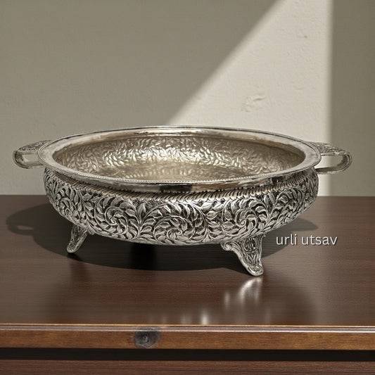 Silver hand engraved urli bowl 25 inch diameter with leaf design home decor centerpiece