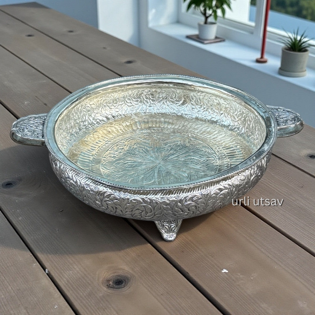 25 inch traditional antique silver urli bowl side view with engraved details