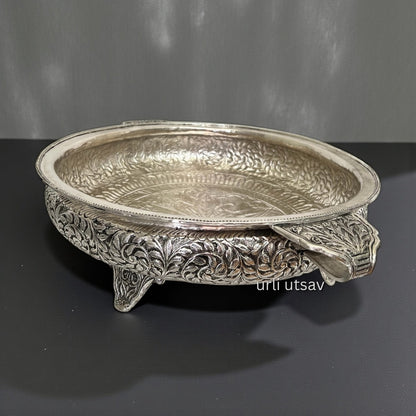 26-Inches Leaves Engraved German Silver Urli Bowl with intricate designs on a black background