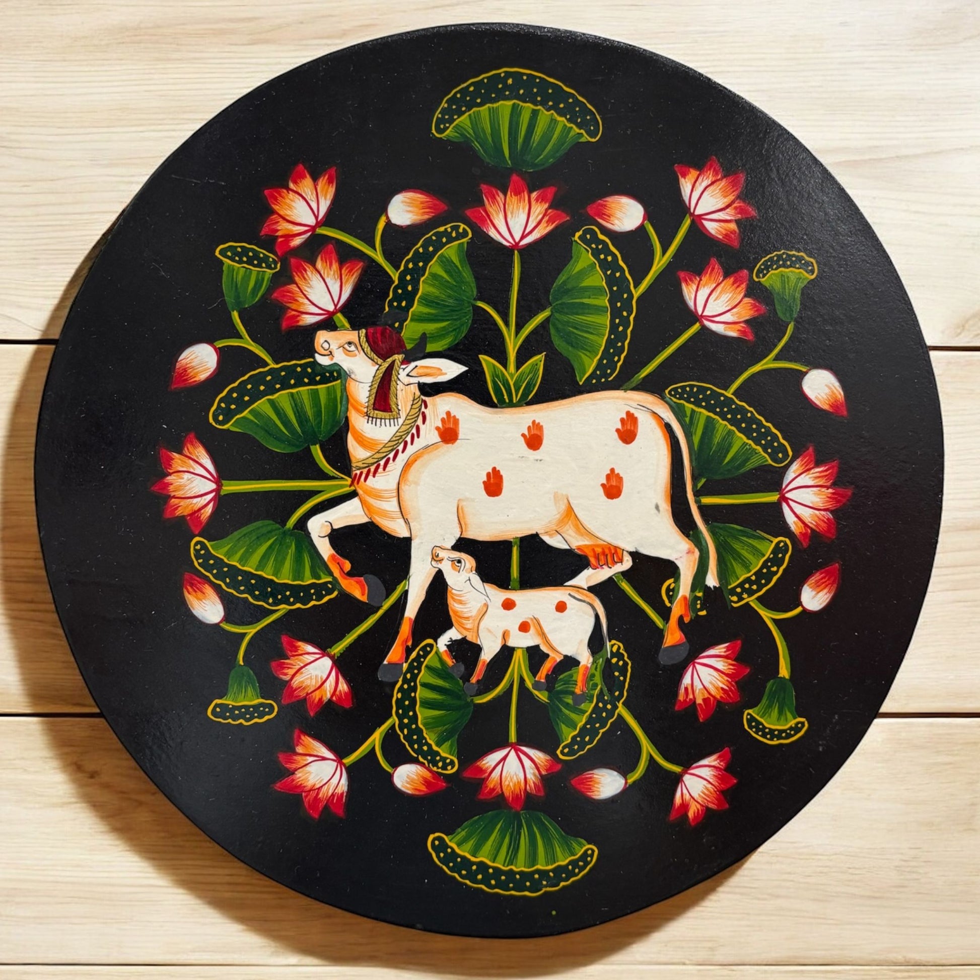 10 Inch Pichwai Cow with Lotus Wooden Wall Plate