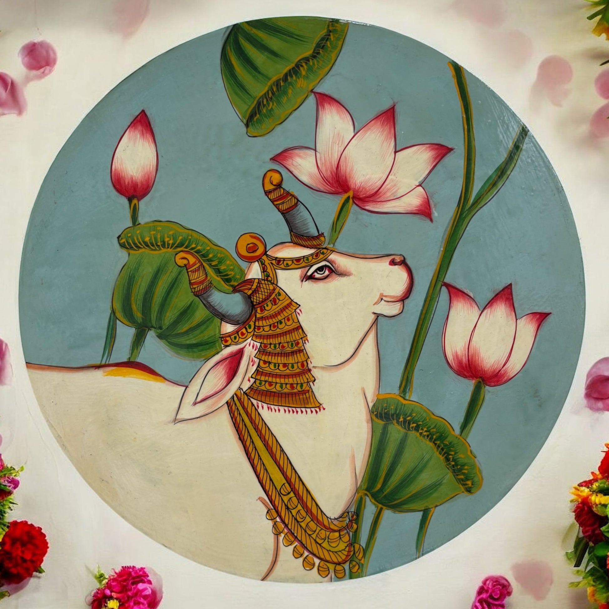 10 Inch Pichwai Cow with Lotus Wooden Wall Plate