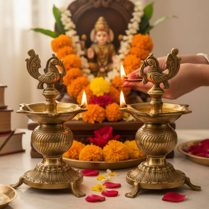 Traditional South Indian brass Kuthu Vilakku styled for a housewarming gift or Diwali mandir decor – Elegant Annam bird lamp for daily pooja rituals.